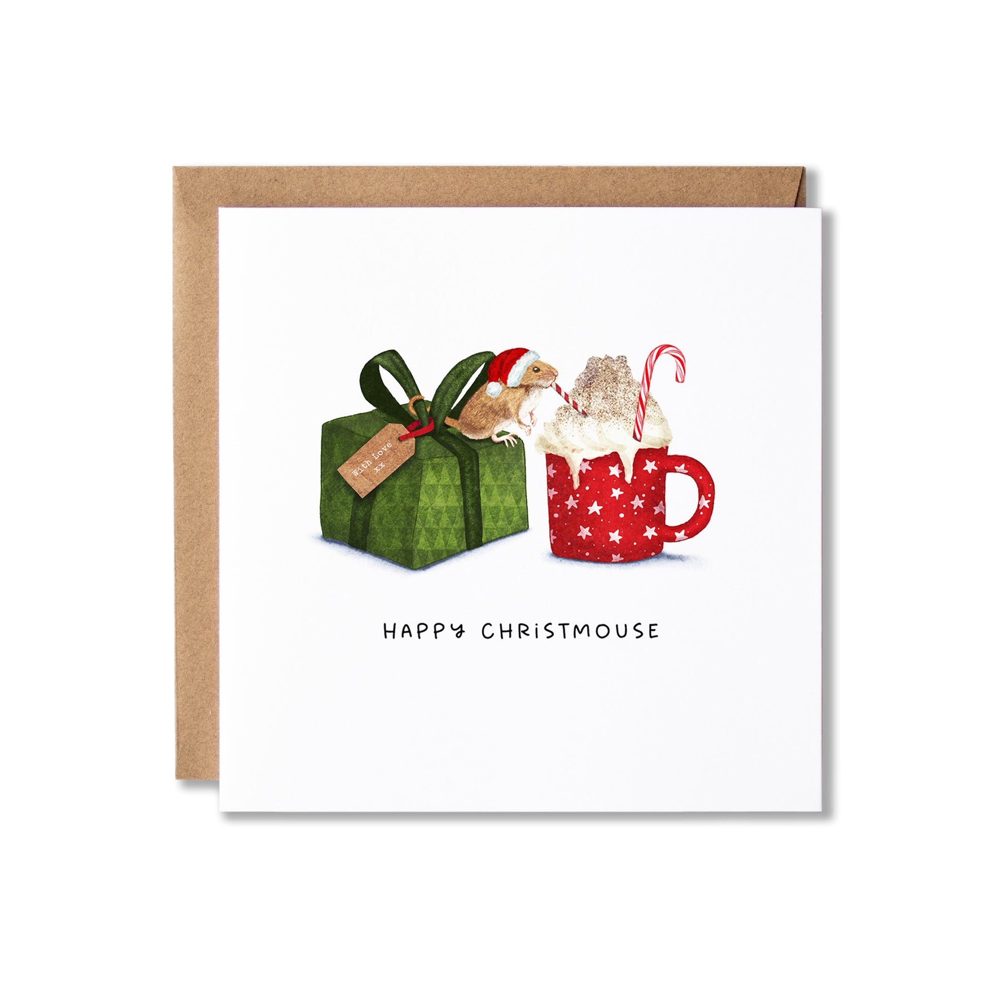 A square Christmas greeting card with a kraft envelope, featuring an illustration of a green gift box  with a gift tag that says 'with love xx' and a small Christmas mouse sitting on top and drinking from a red and white straw, hot chocolate from red mug with whipped cream and candy canes, with the text 'HAPPY CHRISTMOUSE' below.