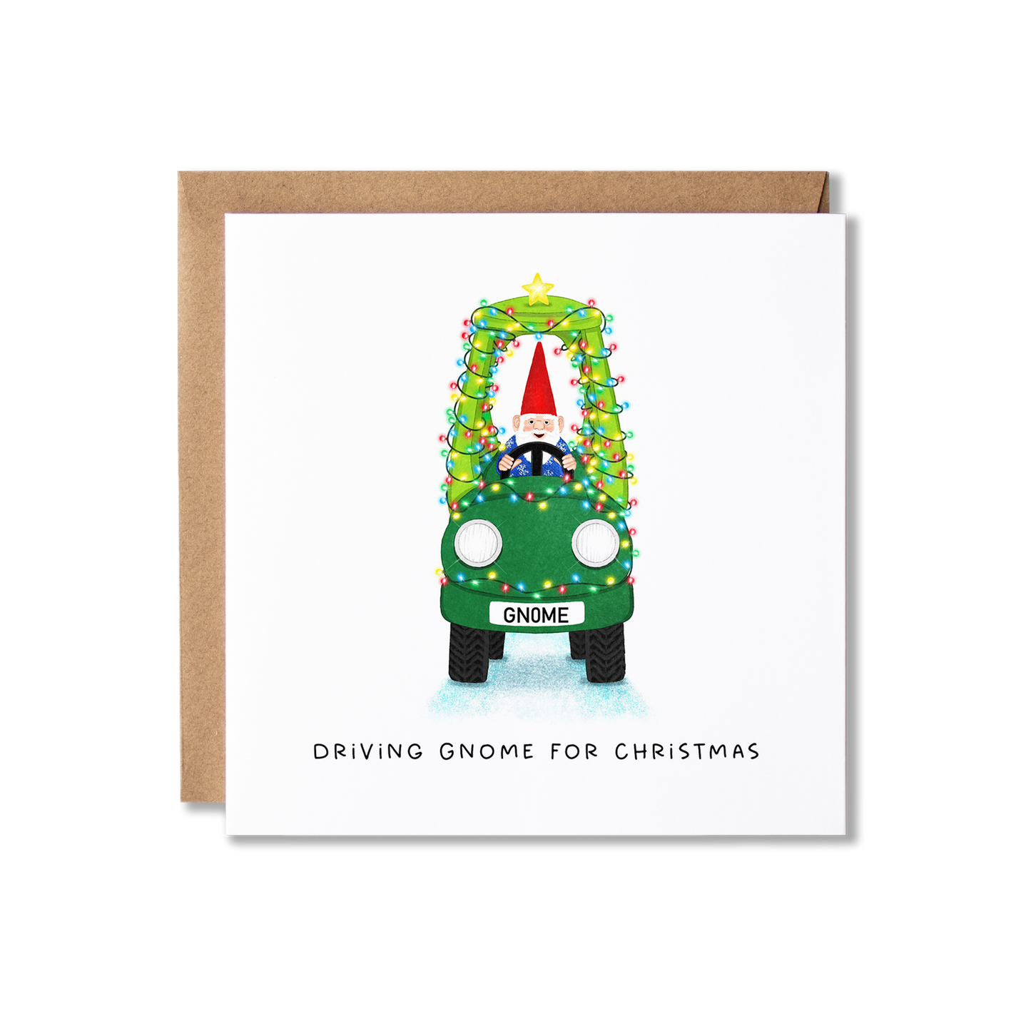 Christmas card with illustration of a garden gnome driving a green car with Christmas lights on it with the message, Driving gnome for Christmas.