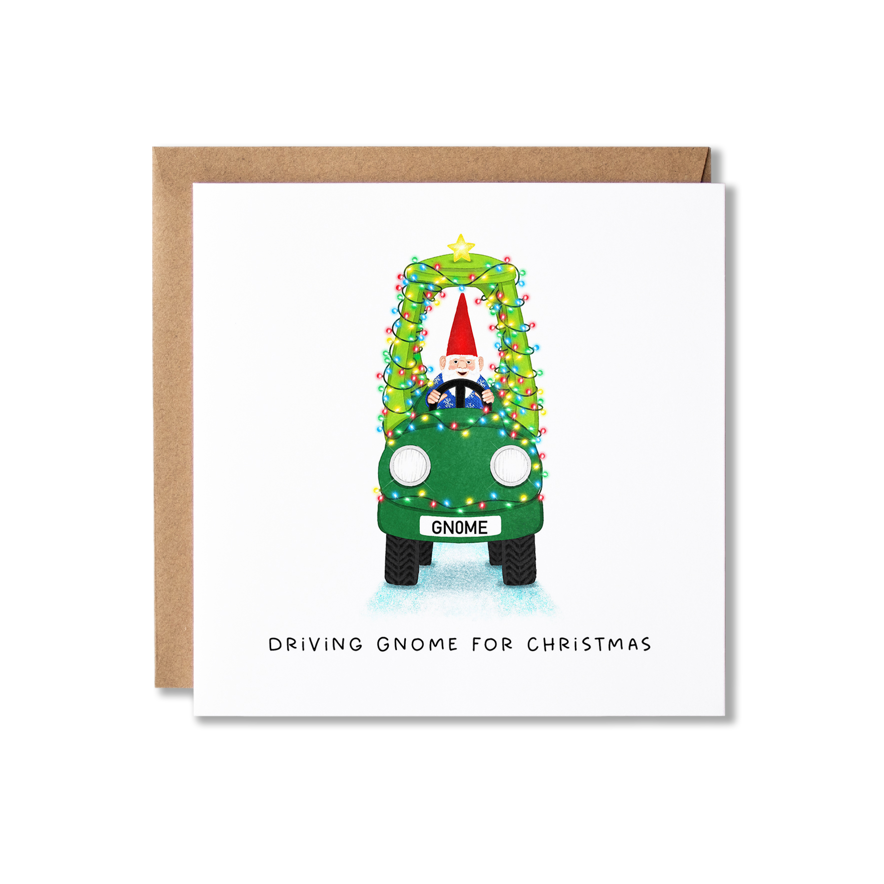 Christmas card with illustration of a garden gnome driving a green car with Christmas lights on it with the message, Driving gnome for Christmas.