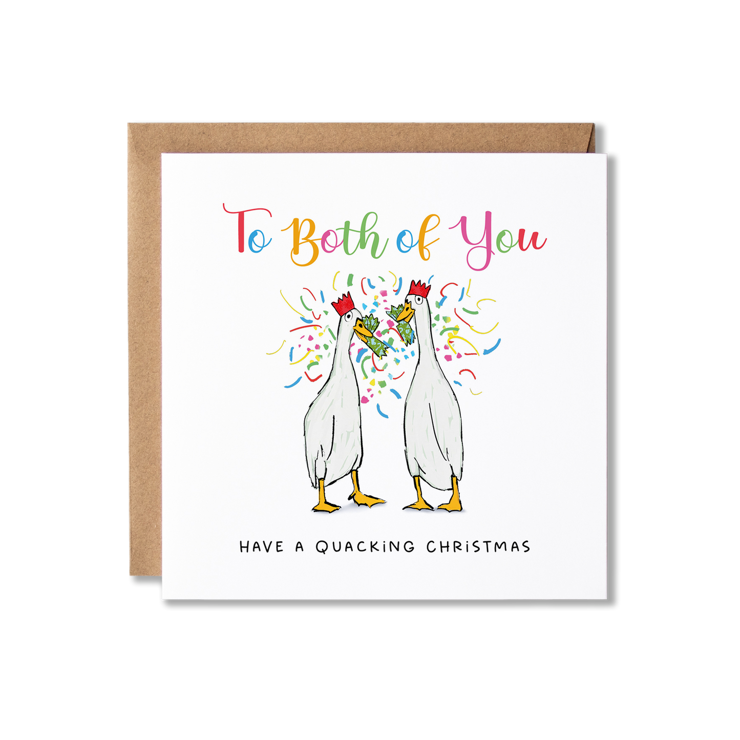 Christmas card with illustration of two white ducks in party hats pulling a cracker with the message, To Both of You Have a Quacking Christmas.