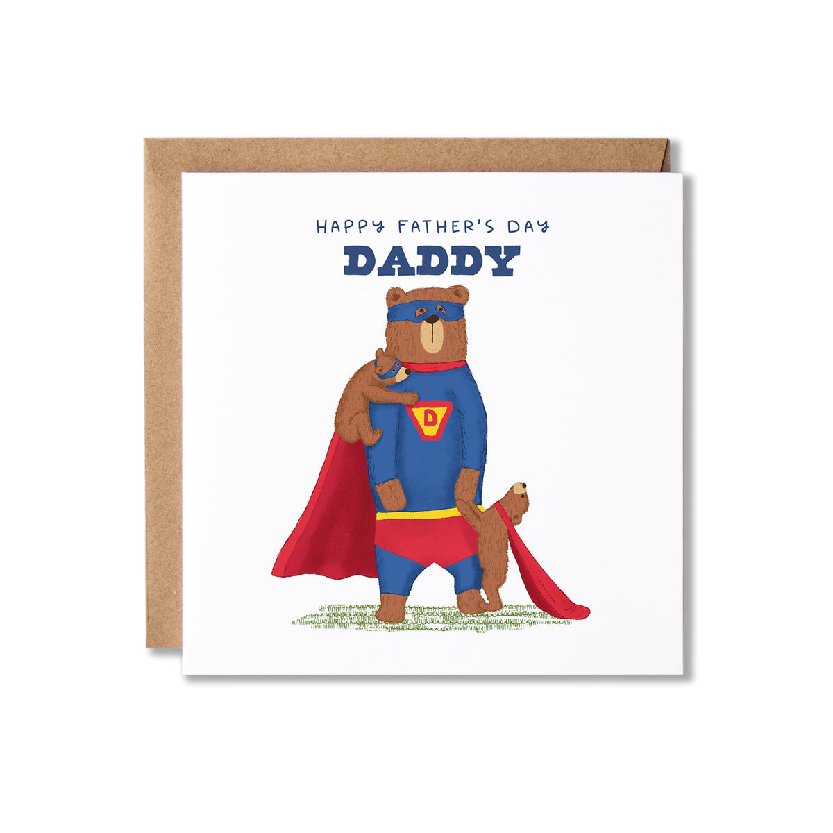 A square white Father's Day greeting card with a brown kraft envelope behind it. The card features an illustration of a bear dressed as a superhero, holding two bear cubs, with the text 'HAPPY FATHER'S DAY DADDY' above.