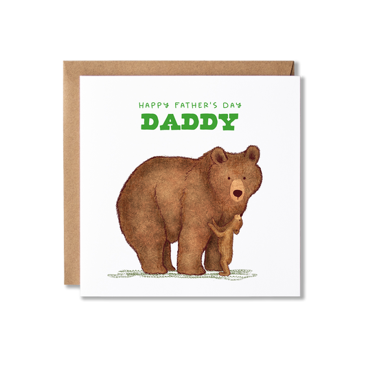Father's Day card with illustration of a daddy bear with a baby cub standing in front of him looking up at him and the message Happy Father's Day Daddy in green.