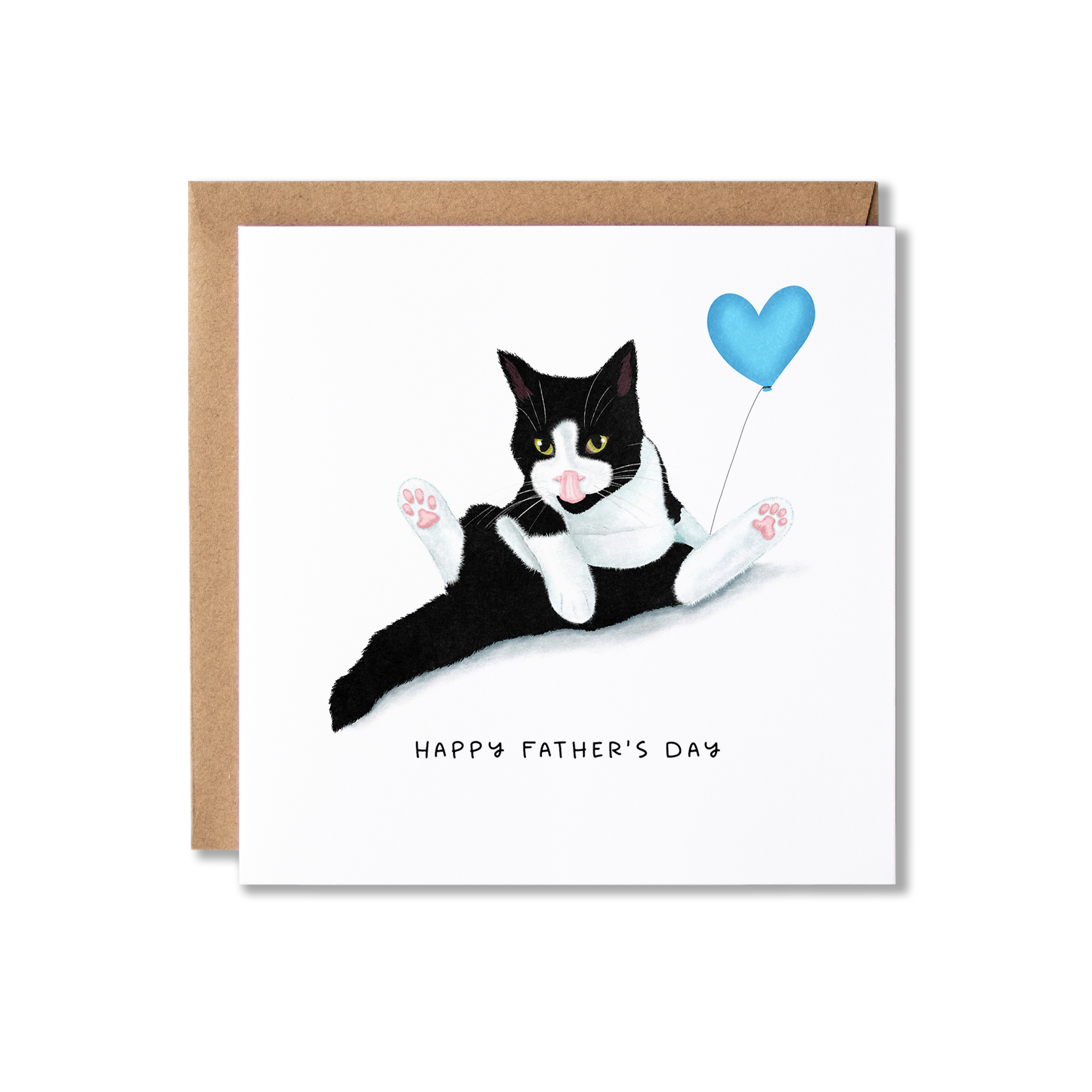 Father's Day card with illustration of a black and white cat sat in a funny position having a wash holding a blue heart balloon with the message Happy Father's Day.