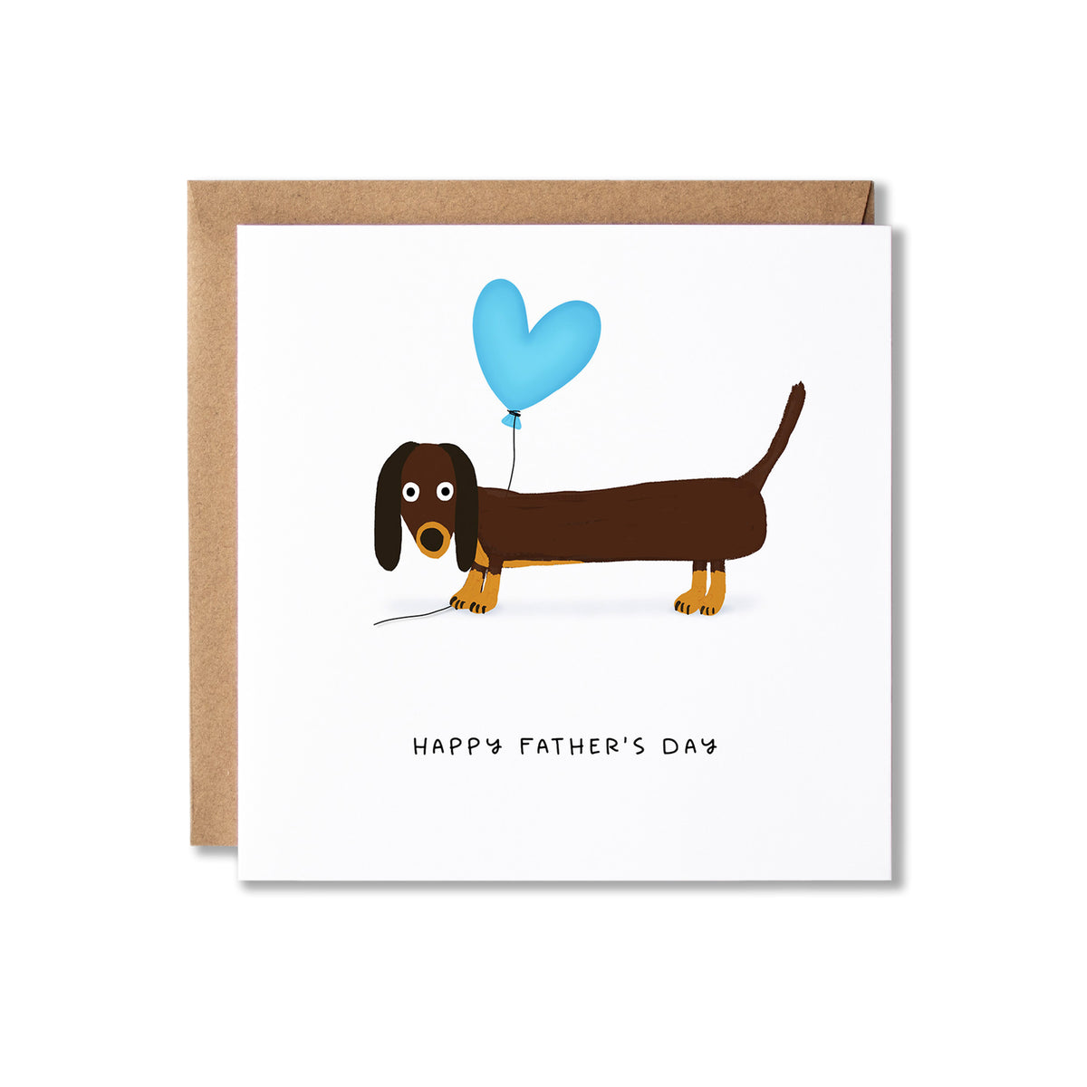 A square white Father's Day greeting card with a brown dachshund illustration holding a light blue heart-shaped balloon, shown with a kraft paper envelope behind it on a white background.