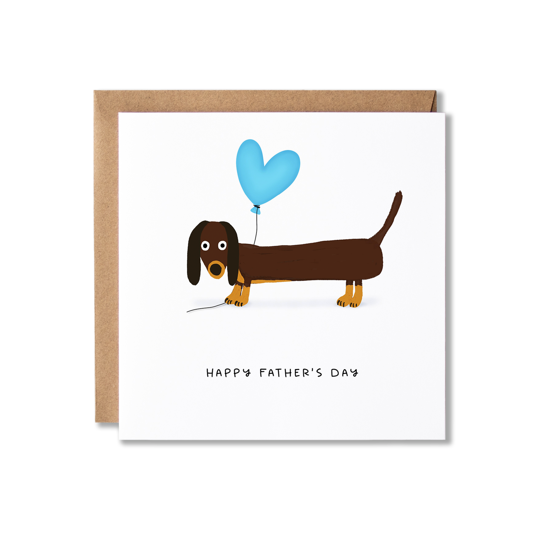 Father's Day card with illustration of a Dachshund sausage dog holding a blue heart balloon with the message Happy Father's Day underneath.