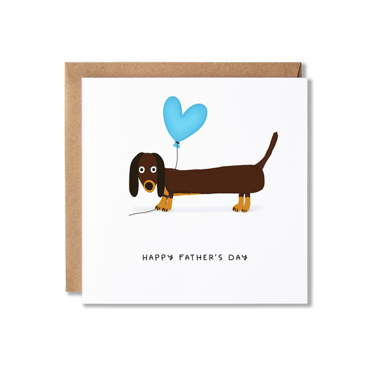 Father's Day card with illustration of a Dachshund sausage dog holding a blue heart balloon with the message Happy Father's Day underneath.