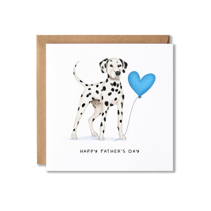 A square Father's Day greeting card with a brown envelope behind it, featuring an illustration of a Dalmatian standing next to a blue heart-shaped balloon and the text 'HAPPY FATHER'S DAY' at the bottom.