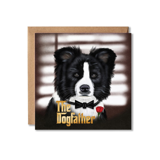 A square greeting card featuring a painted black-and-white dog portrait with the text 'The Dogfather' in gold and a small red rose accent, shown with a kraft envelope behind it on a white background.
