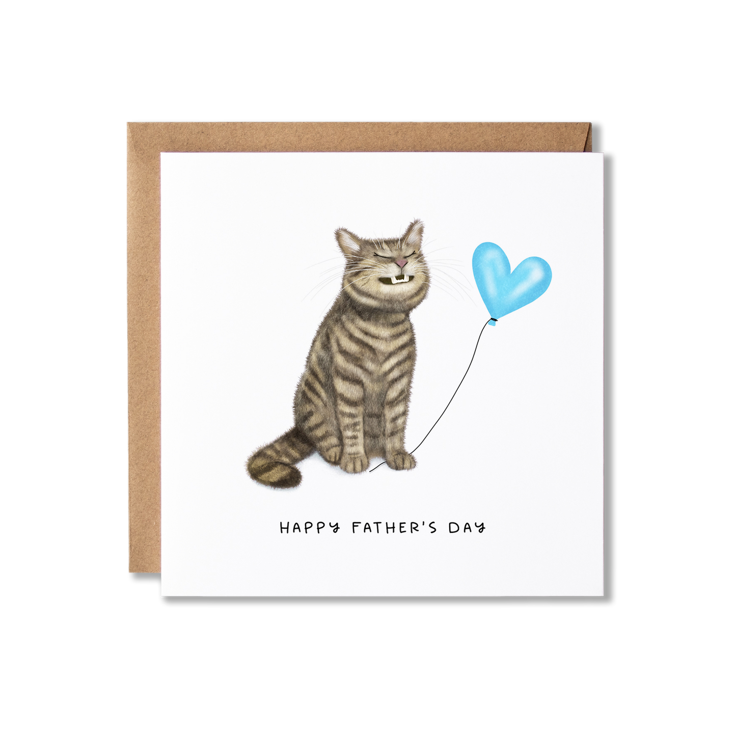 Father's Day card with illustration of a tabby cat sat grinning holding a blue heart balloon with the message Happy Father's Day.