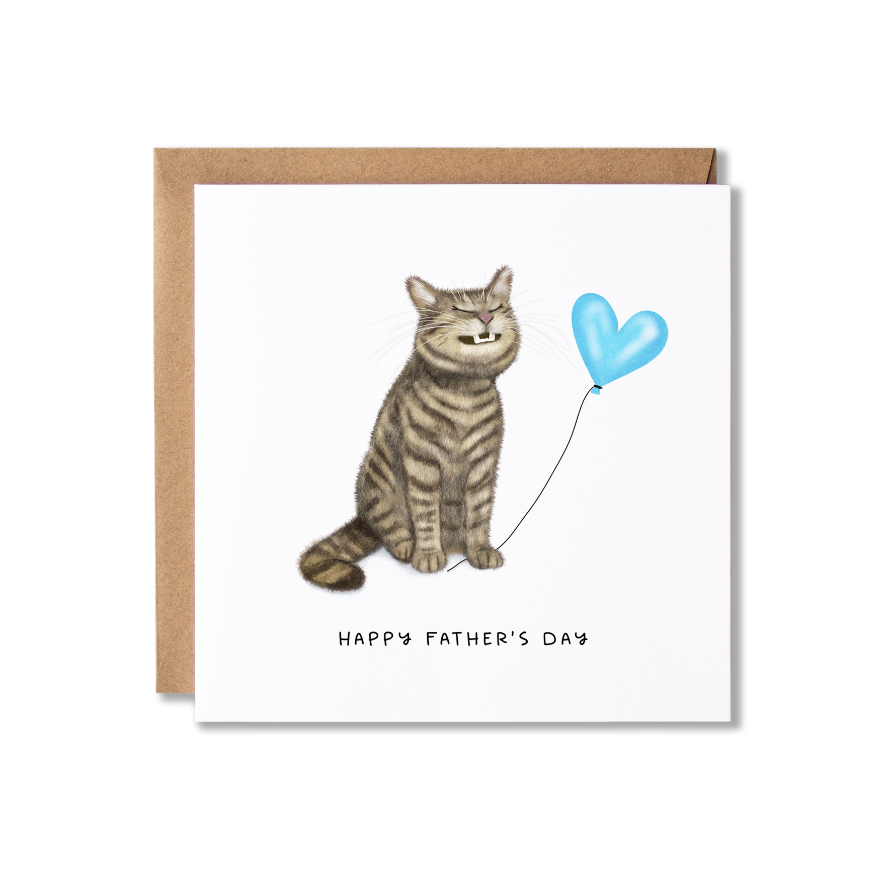 Father's Day card with illustration of a tabby cat sat grinning holding a blue heart balloon with the message Happy Father's Day.