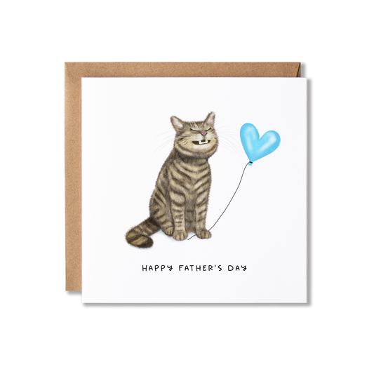 Father's Day card with illustration of a tabby cat sat grinning holding a blue heart balloon with the message Happy Father's Day.