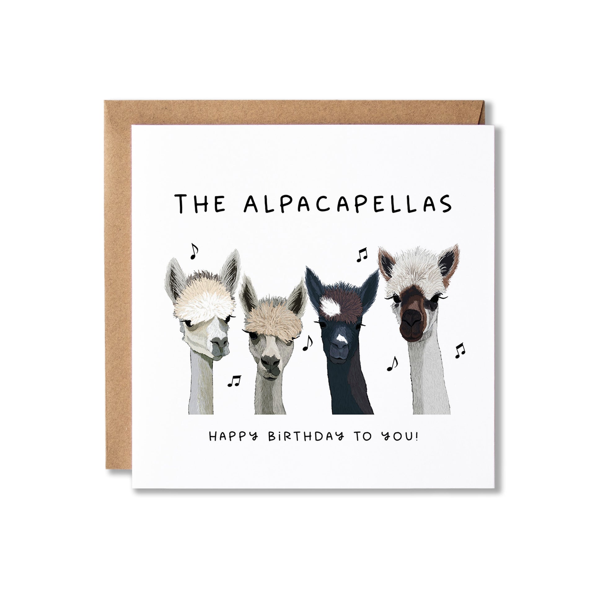 A square greeting card with a kraft envelope behind it, featuring an illustration of four alpaca heads with the text 'THE ALPACAPELLAS' and 'HAPPY BIRTHDAY TO YOU!' on a white background.