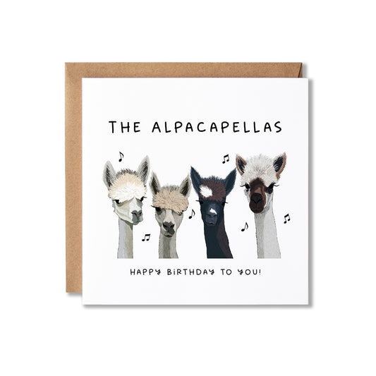 A square greeting card with a kraft envelope behind it, featuring an illustration of four alpaca heads with the text 'THE ALPACAPELLAS' and 'HAPPY BIRTHDAY TO YOU!' on a white background.