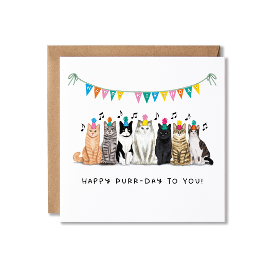 Birthday card with illustration of a group of cats sat in a row wearing party hats and colourful bunting above them with Happy Birthday on, singing, with the message Happy Purr-day to you.