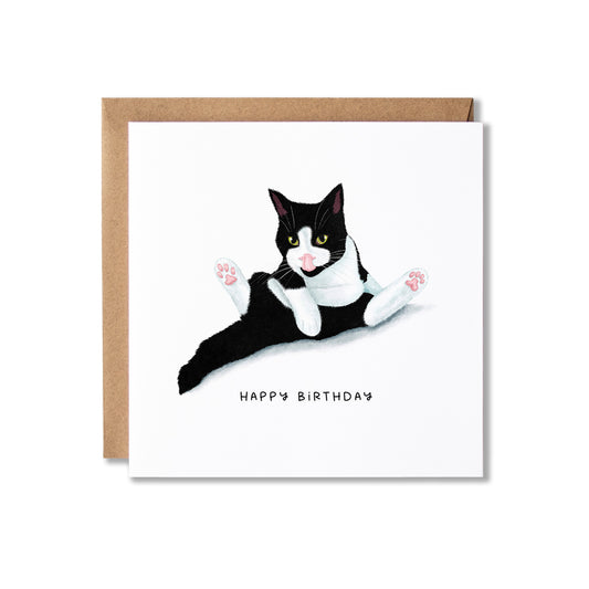 A square birthday card with a brown envelope behind it, featuring an illustration of a black-and-white cat washing with pink paws and the text 'HAPPY BIRTHDAY' below.
