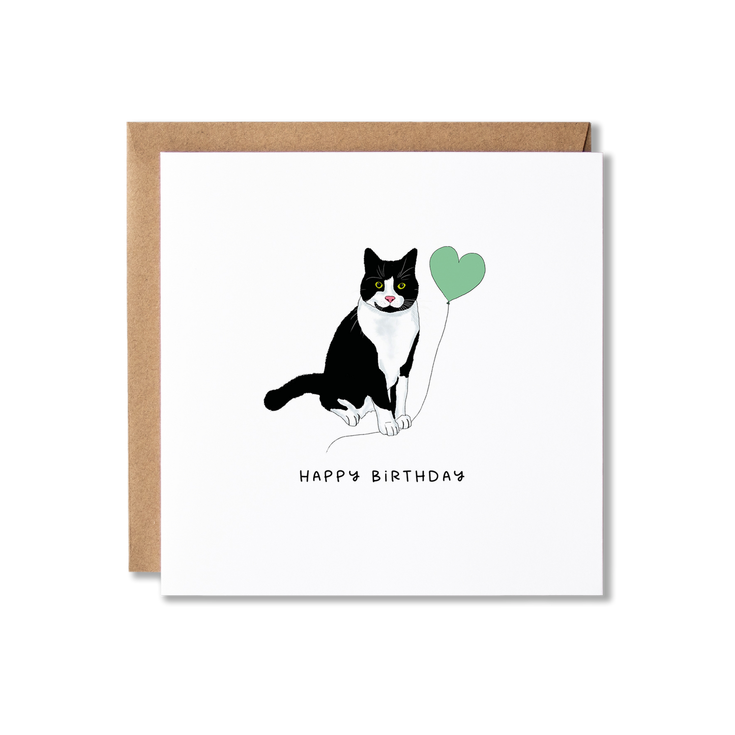 Birthday card with illustration of a black and white tuxedo cat holding a green balloon and the message Happy Birthday.