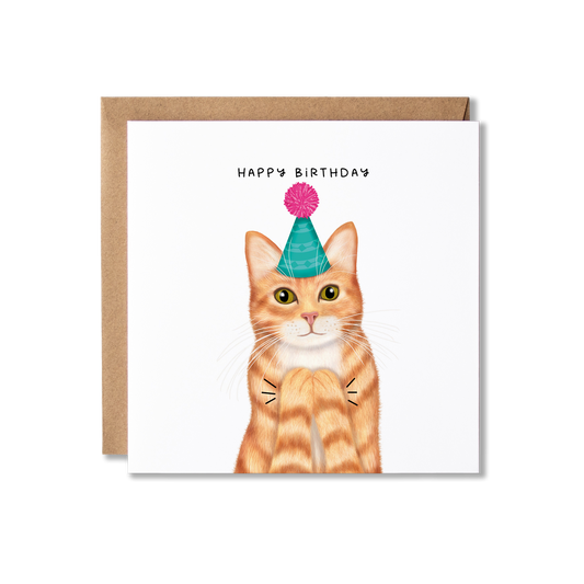 Birthday card with illustration of a ginger cat in a green party hat and pink bobble on top clapping, with the message Happy Birthday.
