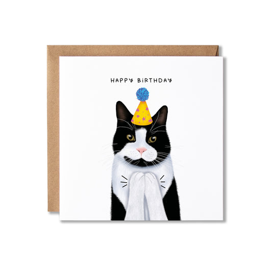 A square birthday card with a white front featuring an illustrated black-and-white cat wearing a yellow party hat, shown with a brown kraft envelope behind it on a white background.