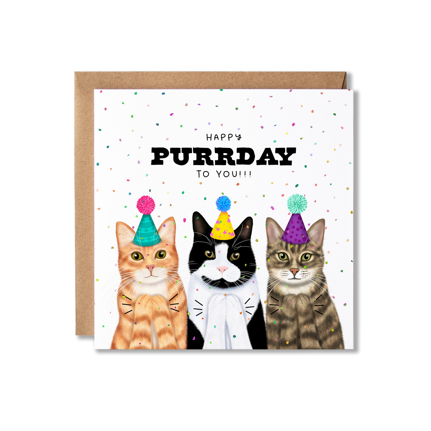 Birthday card with illustration of three cats clapping with party hats on and confetti in the background with the message Happy Purrday To You.