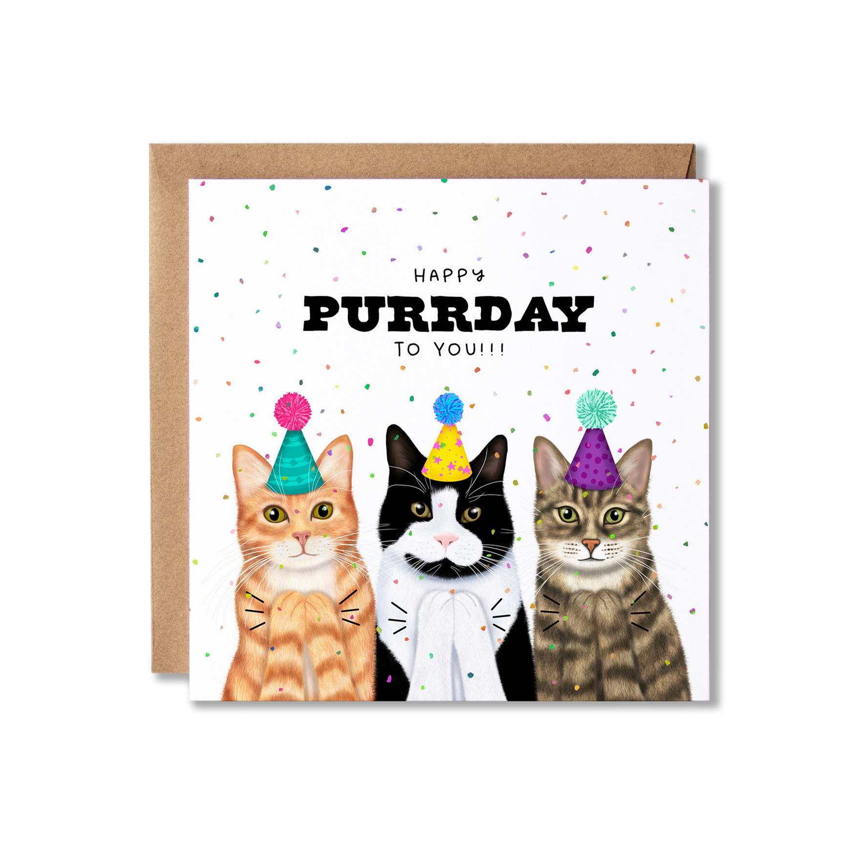 Birthday card with illustration of three cats clapping with party hats on and confetti in the background with the message Happy Purrday To You.