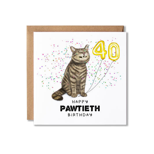 A square birthday card with a kraft envelope, featuring an illustration of a tabby cat holding a gold '40' balloon, with the text 'HAPPY PAWTIETH BIRTHDAY' on a white card background.