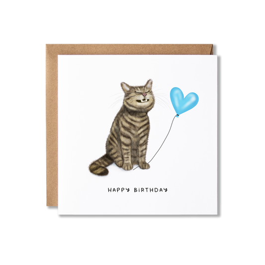 Birthday card with illustration of a tabby cat sat grinning  holding a blue heart ballon the message Happy Birthday.