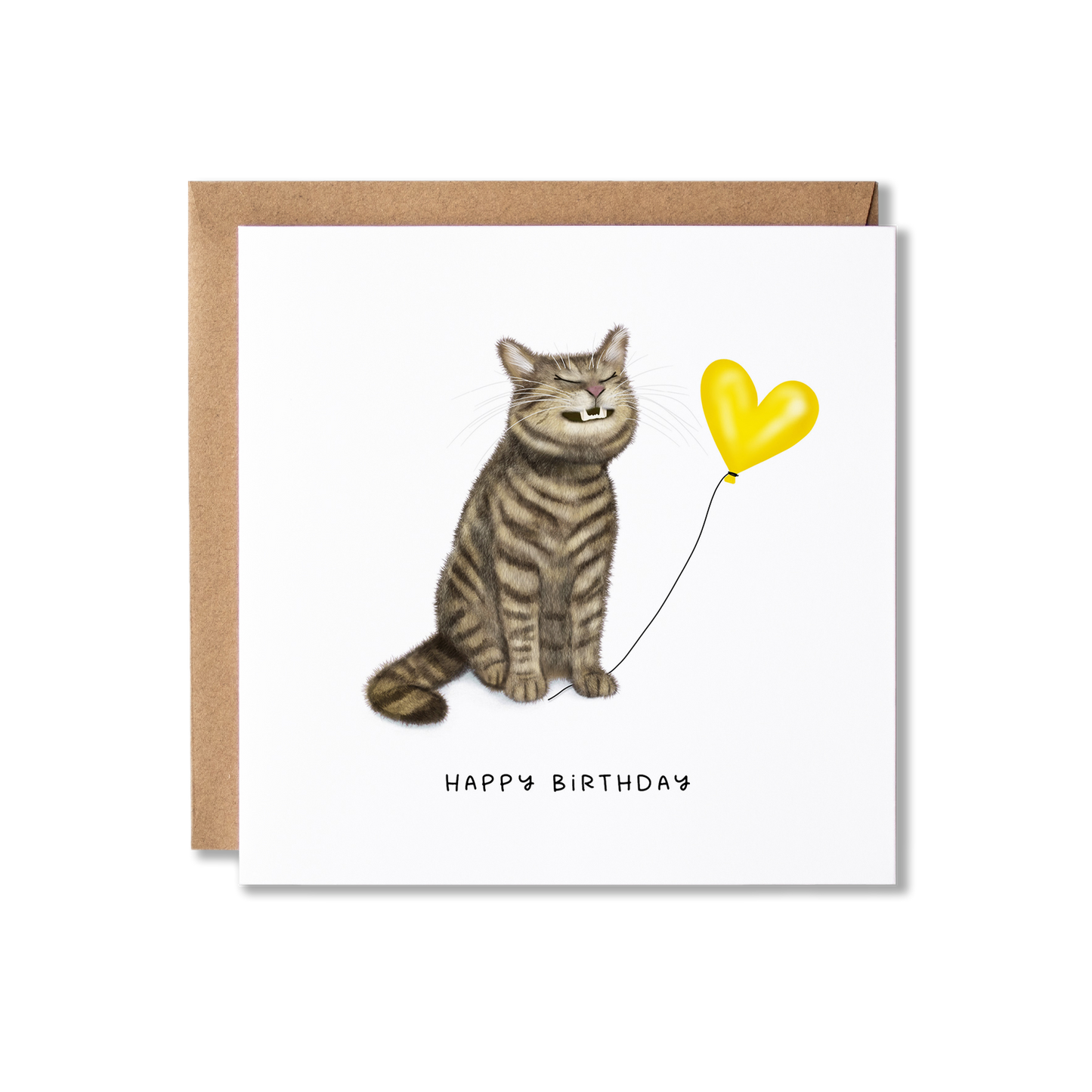 Birthday card with illustration of a tabby cat sat grinning  holding a yellow heart ballon the message Happy Birthday.