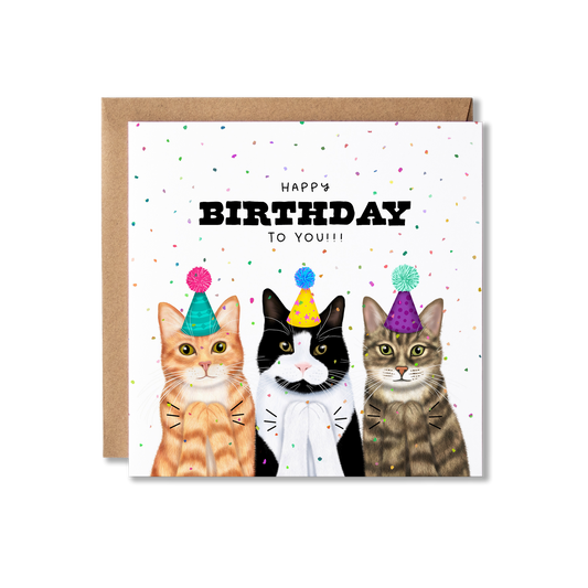 Birthday card with illustration of three cats clapping with party hats on and confetti in the background with the message Happy Birthday To You.