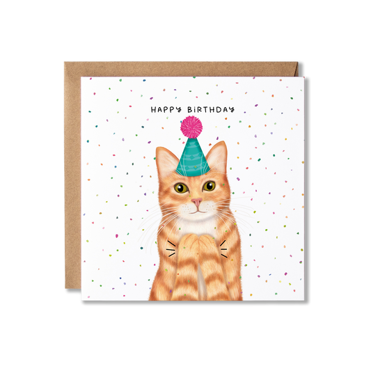 Birthday card with illustration of a ginger cat in a green party hat and pink bobble on top, clapping with confetti in the back ground and the message Happy Birthday.