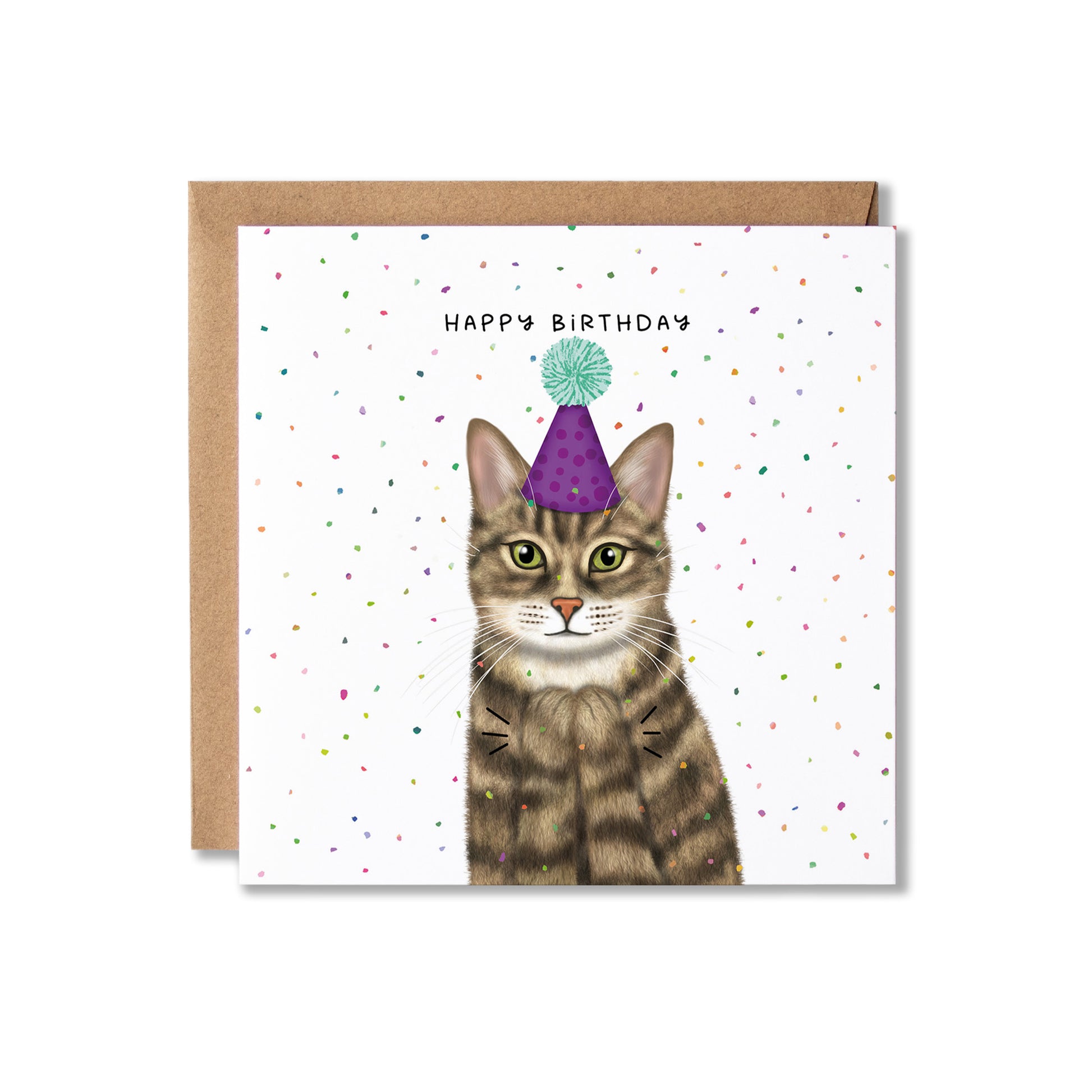 A square birthday card with a brown kraft envelope behind it. The card features an illustration of a tabby cat wearing a purple party hat with a mint green pom-pom, clapping, with the text 'HAPPY BIRTHDAY' above it.