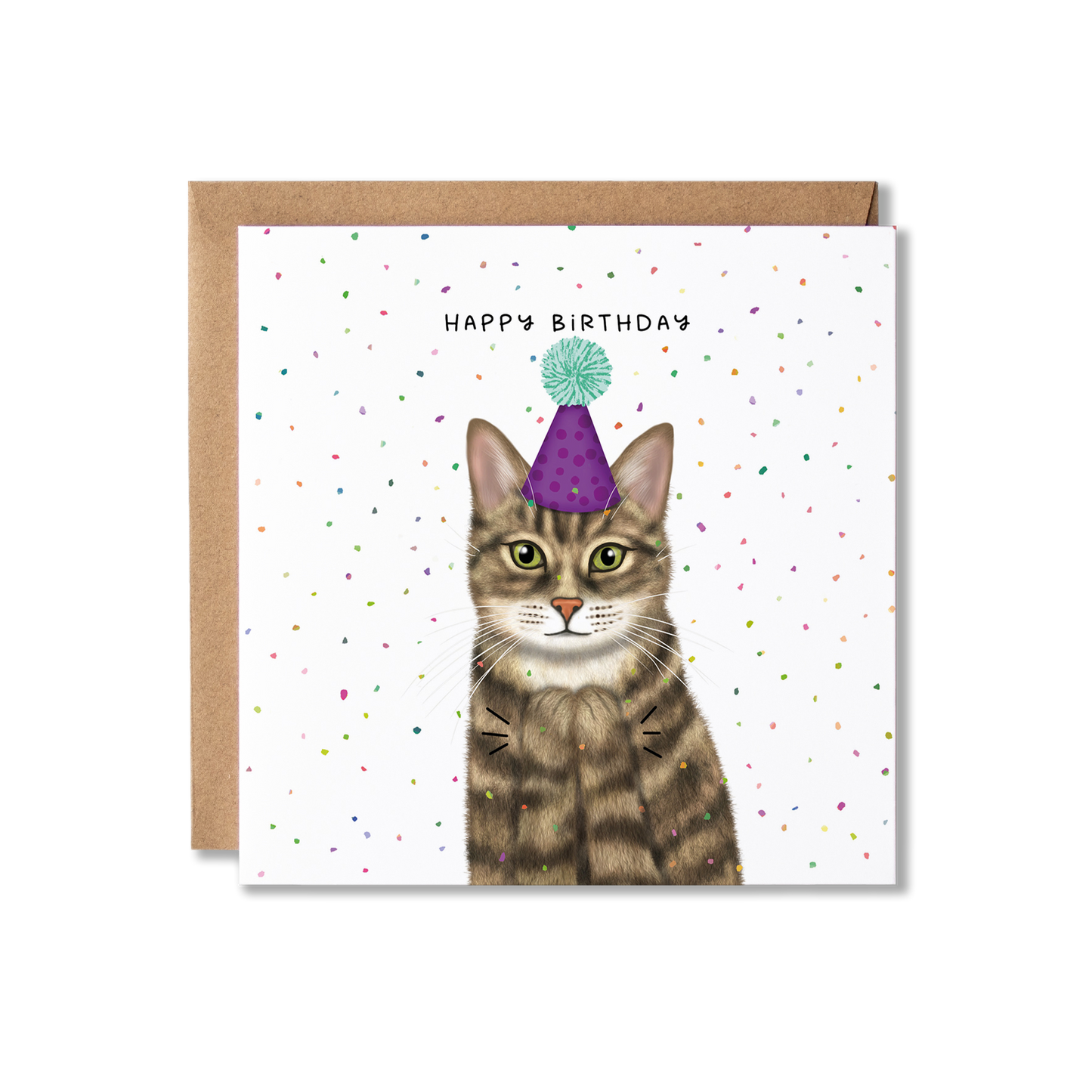 Birthday card with illustration of a tabby cat in a purple party hat with a green bobble on top, clapping with confetti in the background and the message Happy Birthday.