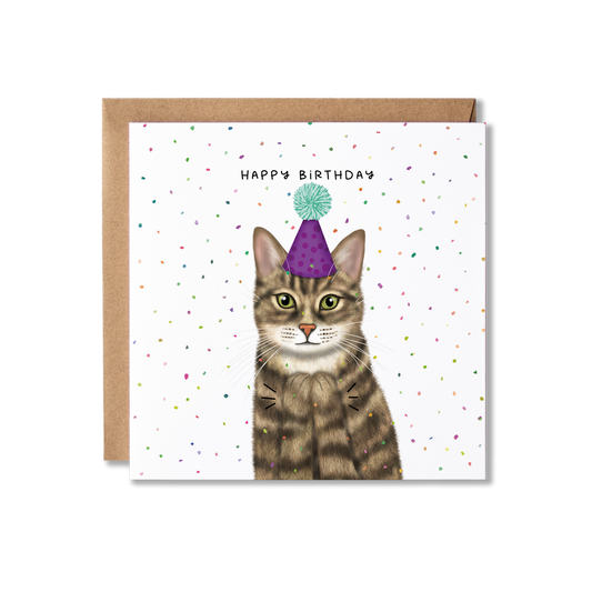 Birthday card with illustration of a tabby cat in a purple party hat with a green bobble on top, clapping with confetti in the background and the message Happy Birthday.