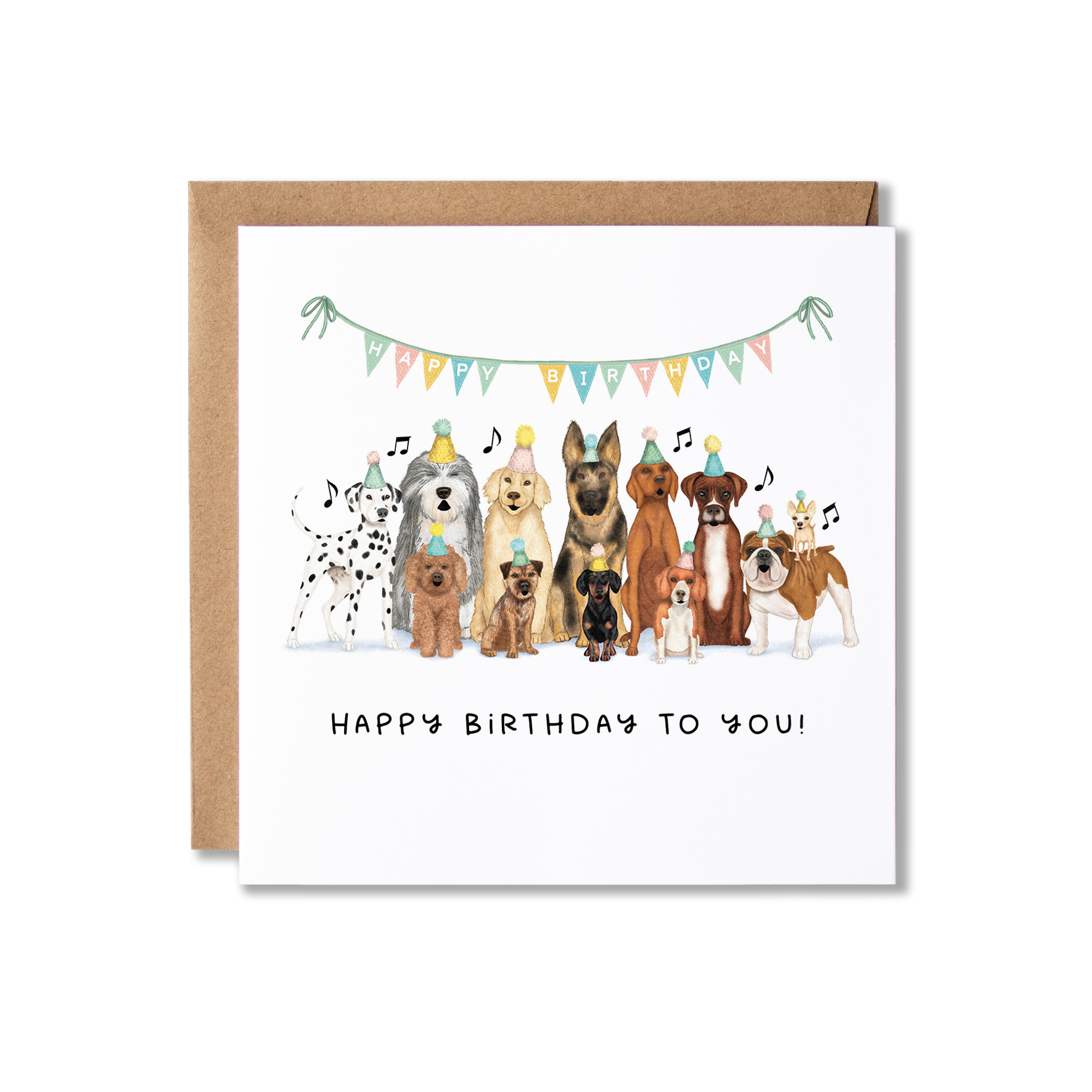 Birthday card with illustration of a group of dogs sat in a row wearing party hats and colourful bunting above them with Happy Birthday on, singing, with the message Happy Birthday to you.