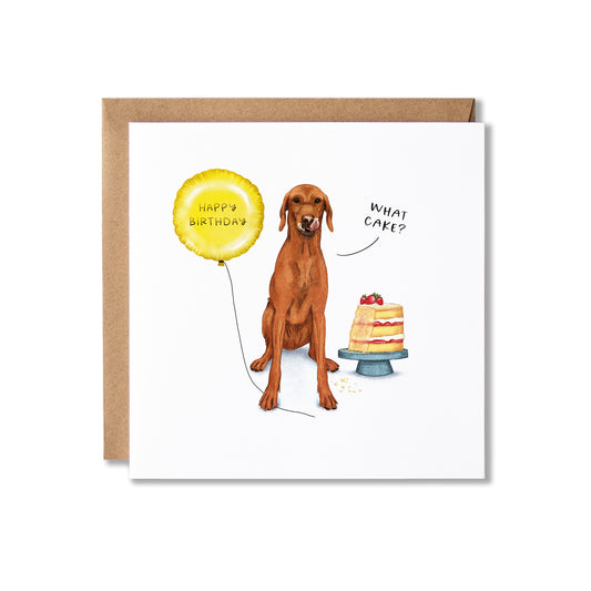 A square birthday greeting card with a brown kraft envelope behind it. The card features an illustration of a Vizsla dog licking it's lips sitting next to a yellow 'Happy Birthday' balloon and a layered cake on a blue stand, with the handwritten text 'WHAT CAKE?'.