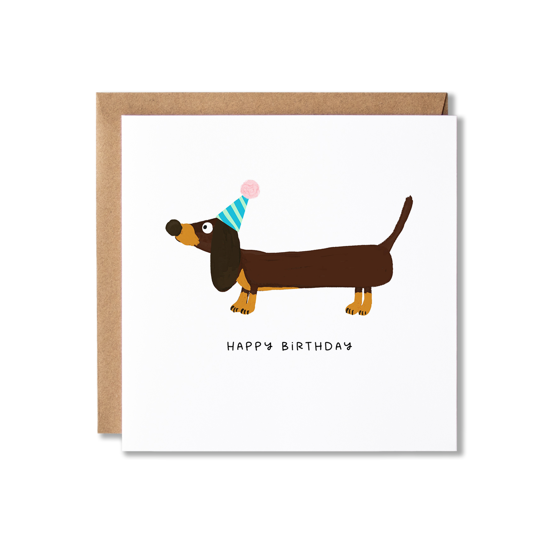 Birthday card with illustration of a dachshund sausage dog with a party hat on and underneath the message Happy Birthday.