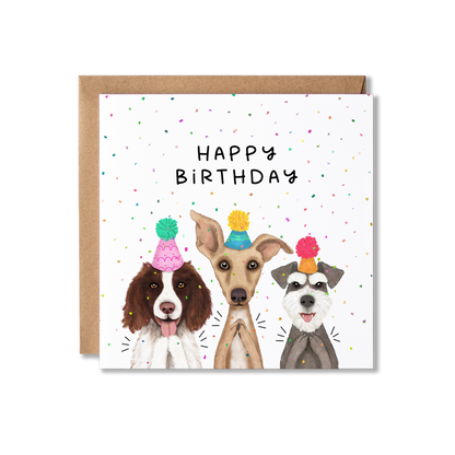 Birthday card with illustration of three dogs in party hats clapping and confetti in the background with the message Happy Birthday.