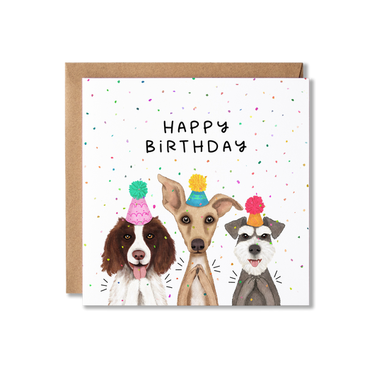 Birthday card with illustration of three dogs in party hats clapping and confetti in the background with the message Happy Birthday.
