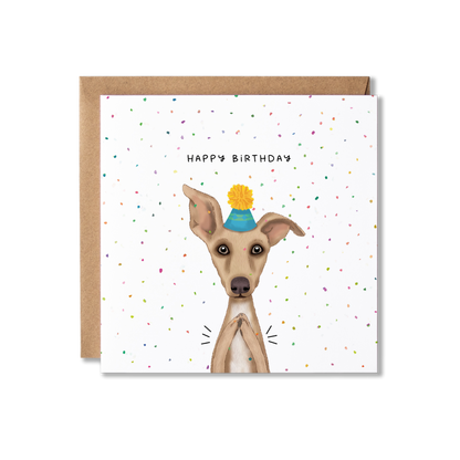 Birthday card with illustration of an Italian Greyhound dog in a blue party hat with a yellow bobble on top, clapping with confetti in the background and the message Happy Birthday.