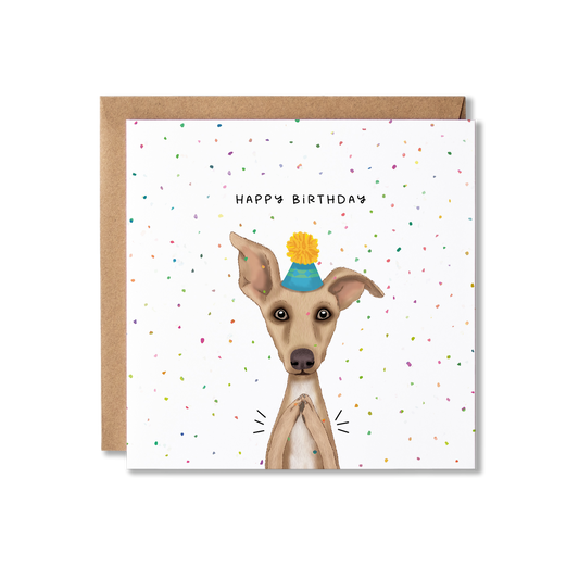 Birthday card with illustration of an Italian Greyhound dog in a blue party hat with a yellow bobble on top, clapping with confetti in the background and the message Happy Birthday.
