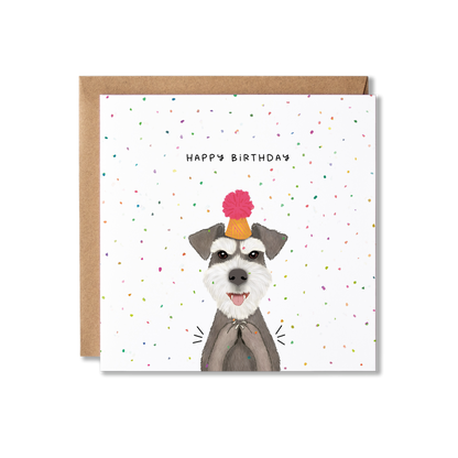 Birthday card with illustration of a Schnauzer dog in an orange party hat with a pink bobble on top, clapping with confetti in the background and the message Happy Birthday.