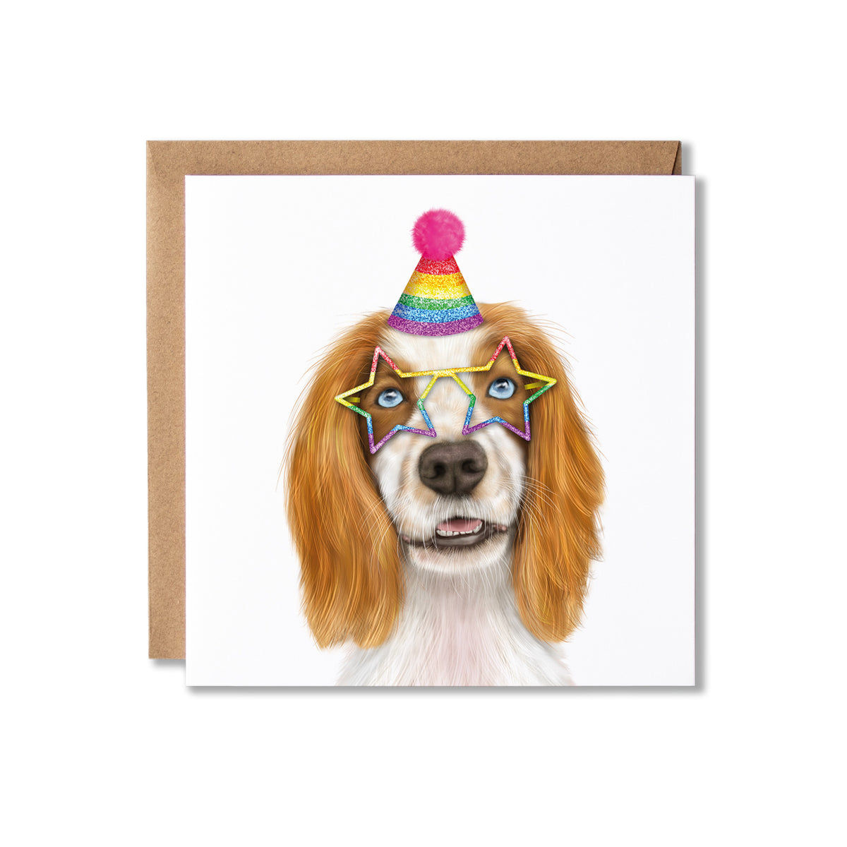 Spaniel Dog Birthday Card | Sparkly Rainbow Hat Glasses
