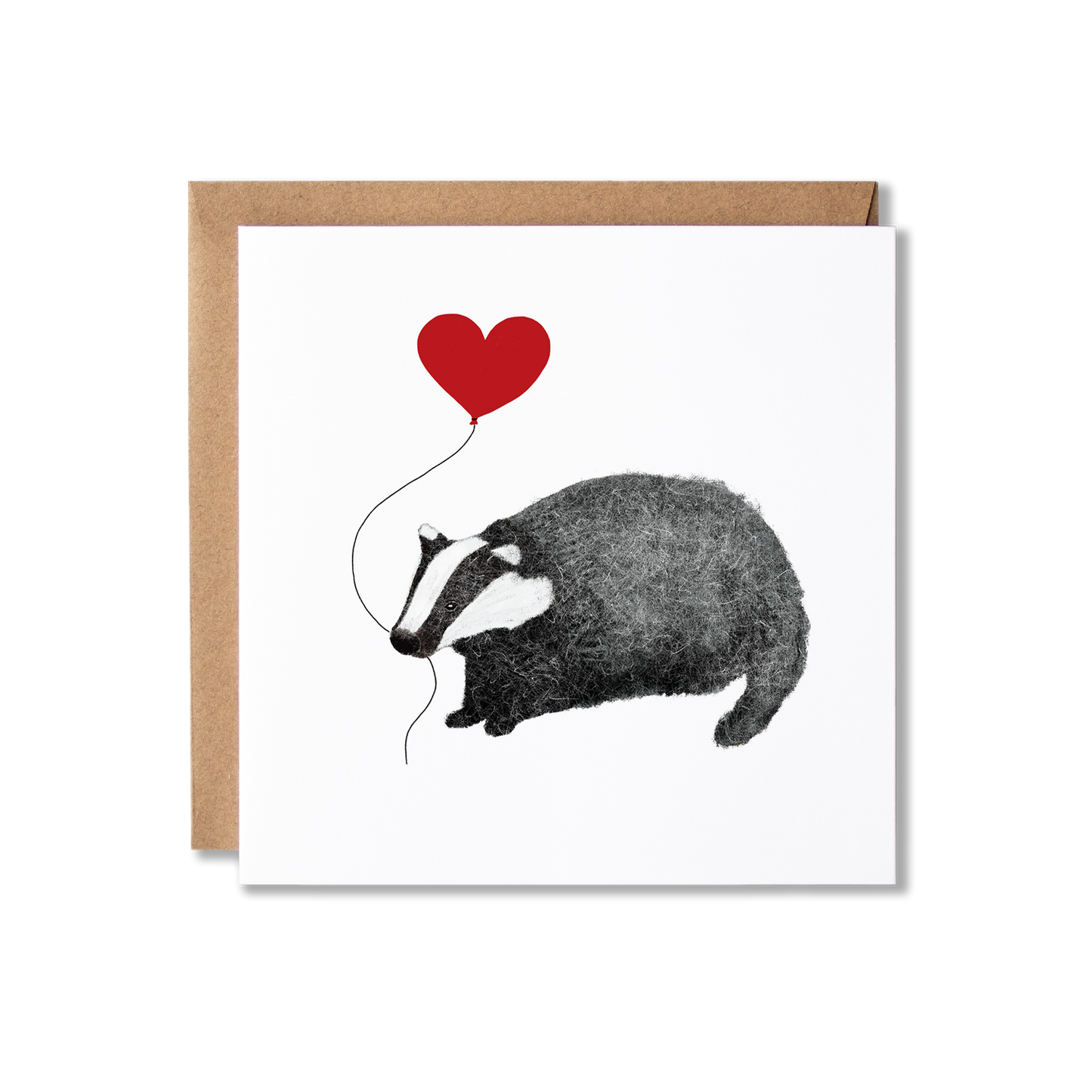 Greeting card with illustration of a badger holding a red heart balloon.