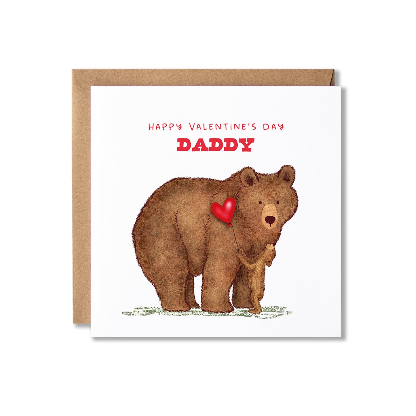 A Valentine's Day card featuring an illustration of a brown bear holding a small cub and a red heart, with the text 'HAPPY VALENTINE'S DAY DADDY' in red, shown with a brown kraft envelope on a white background.