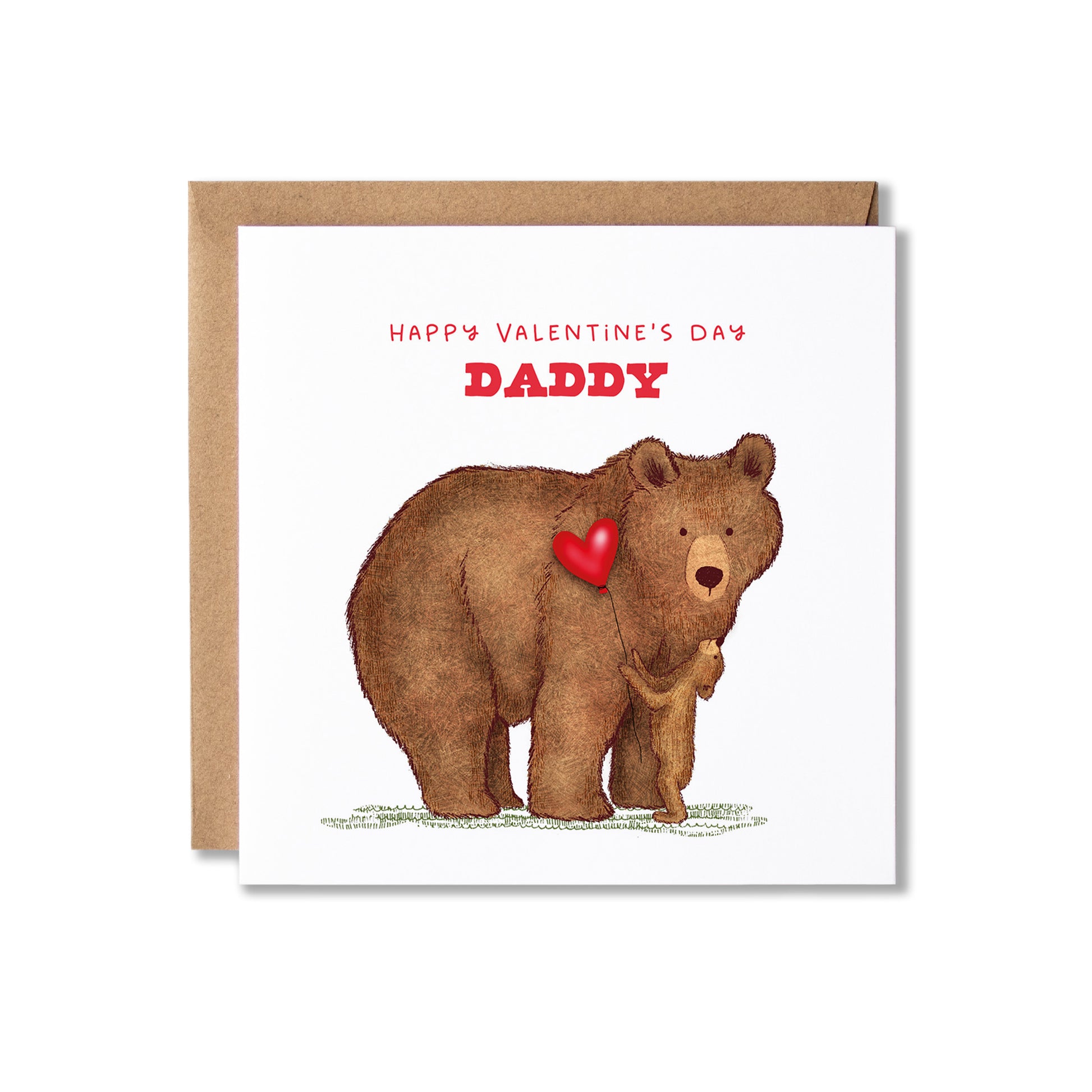 A Valentine's Day card featuring an illustration of a brown bear holding a small cub and a red heart, with the text 'HAPPY VALENTINE'S DAY DADDY' in red, shown with a brown kraft envelope on a white background.