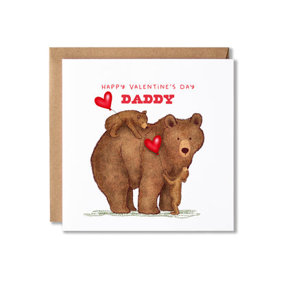 A square Valentine's Day greeting card with a kraft envelope, featuring an illustration of a brown bear and two cubs with red hearts and the text 'HAPPY VALENTINE'S DAY DADDY'.