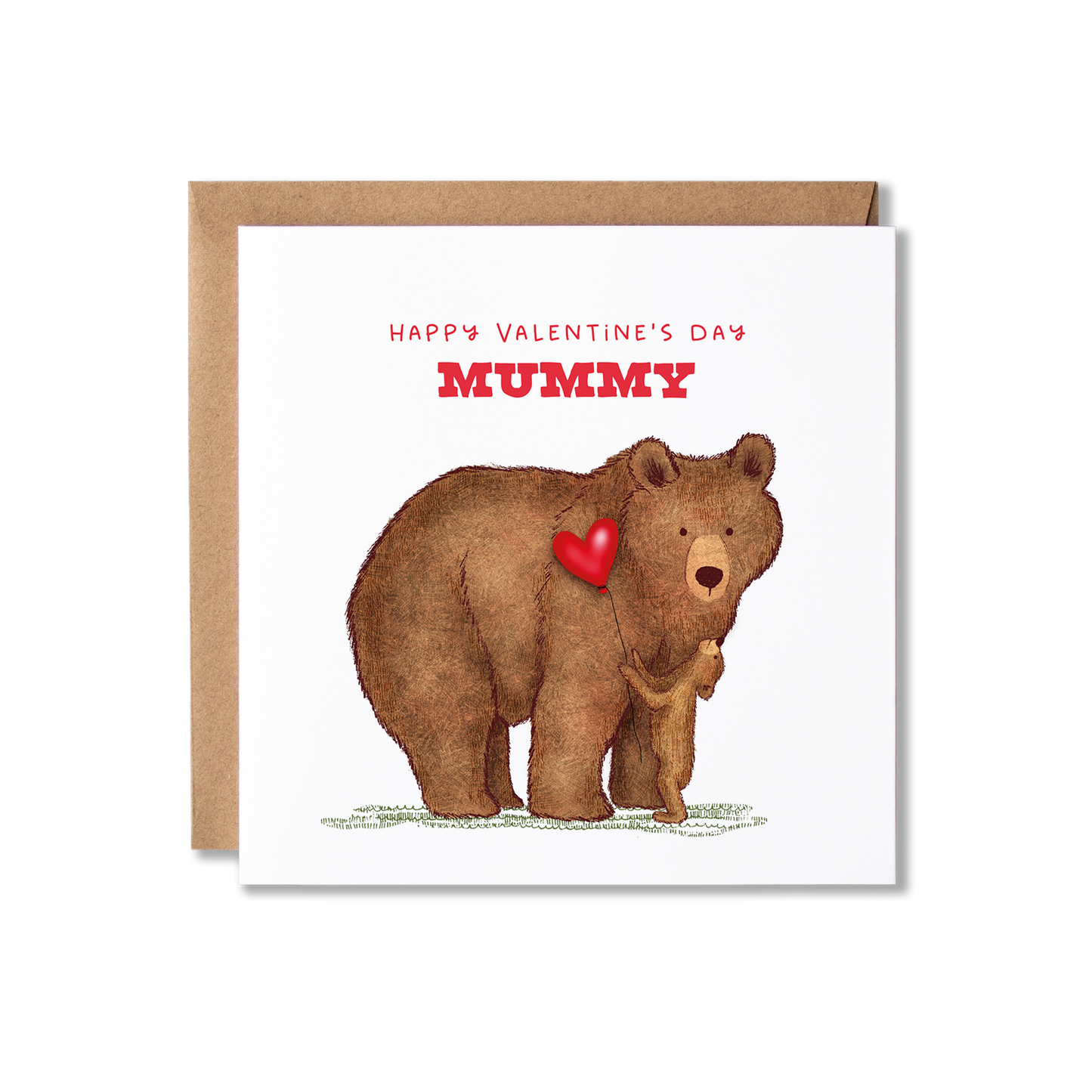 Valentine's Day card with illustration of a mummy bear with a baby cub standing in front of her looking up to her holding a red heart ballon and the message Happy Valentine's Day Mummy.