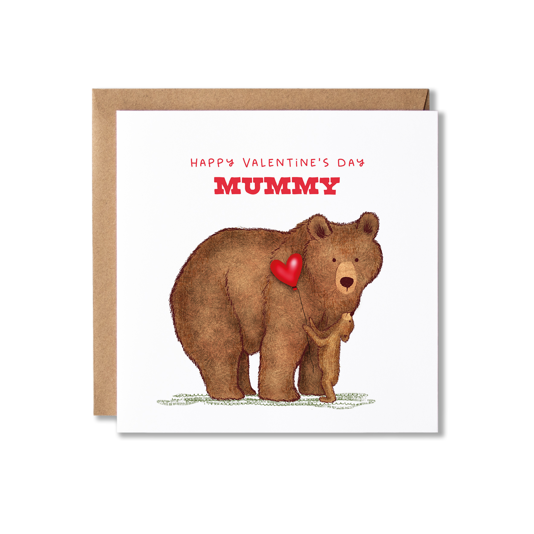 Valentine's Day card with illustration of a mummy bear with a baby cub standing in front of her looking up to her holding a red heart ballon and the message Happy Valentine's Day Mummy.