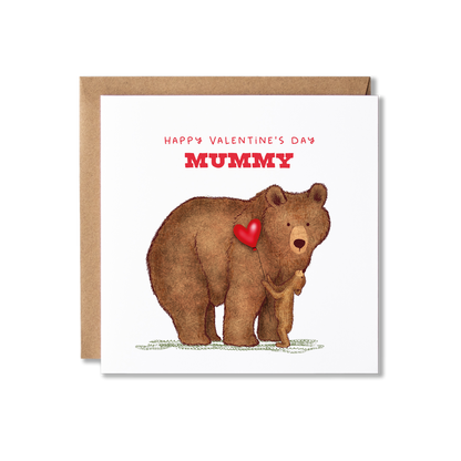 Valentine's Day card with illustration of a mummy bear with a baby cub standing in front of her looking up to her holding a red heart ballon and the message Happy Valentine's Day Mummy.