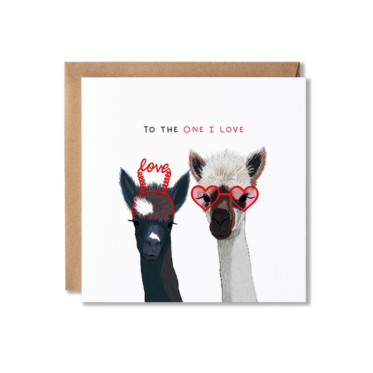 Greeting card with illustration of a couple of alpacas and the message To The One I Love.