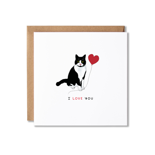 Valentine's Day card with illustration of a black and white cat sat with a red heart balloon with the message Happy Valentine's Day.